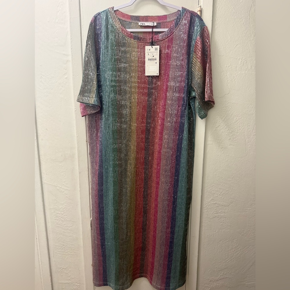 Zara Rainbow Sequin Midi Dress Brand New with tags size Large Viral